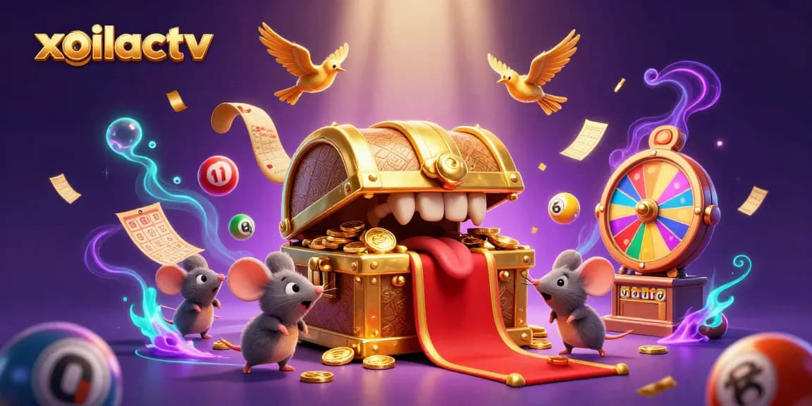 Engage with xoilactv as a golden treasure chest captivates adventurer mice, symbolizing thrilling gambling opportunities.