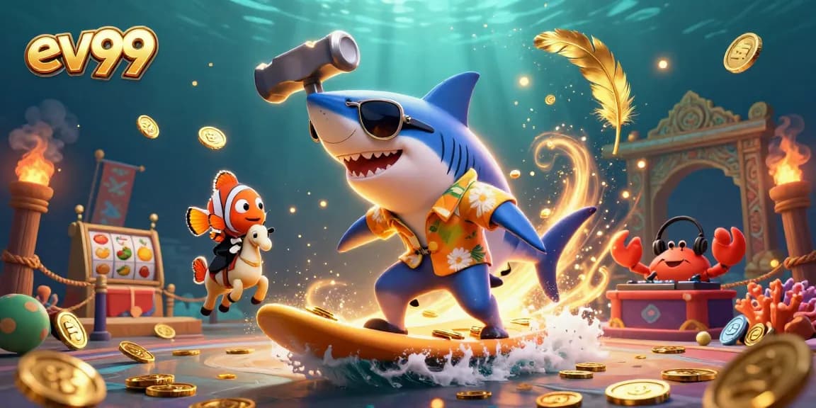 ev99 brings excitement with 3D shark surfing gold coins, clownfish, and crab DJ in vibrant casino scene.