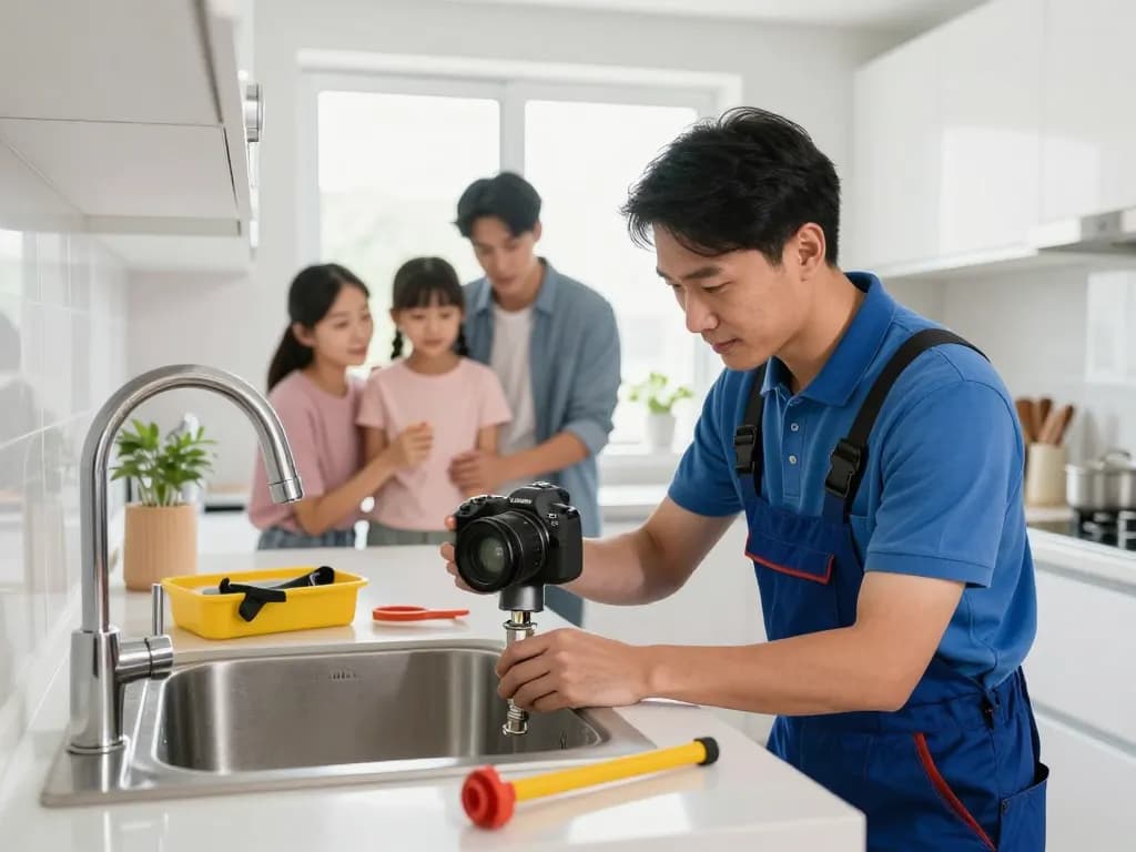 Encenador fixing a kitchen sink in a bright home, showcasing professional plumbing service.