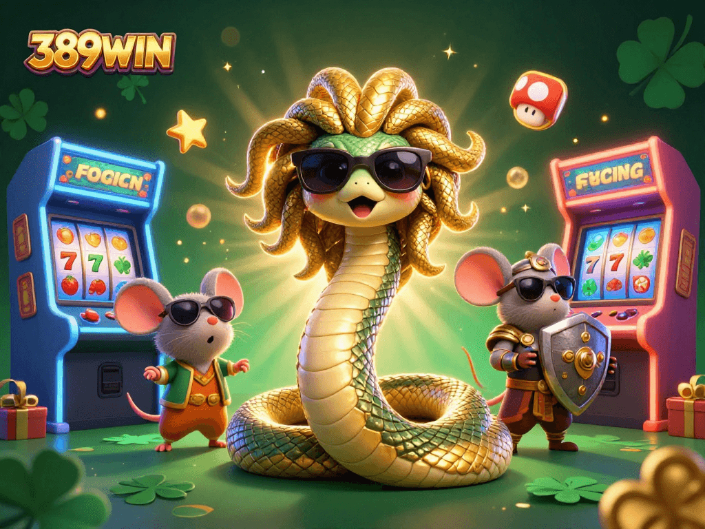 Spin to win on 389WIN with a vibrant animated casino scene filled with golden slots and friendly characters!