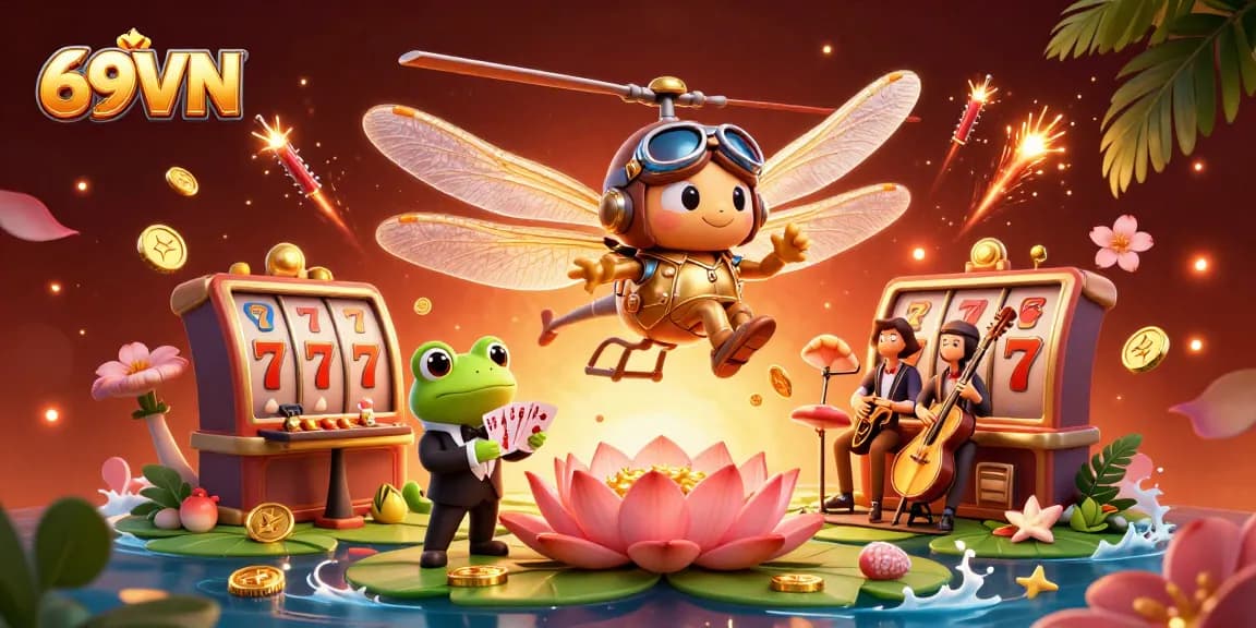 Experience thrilling gameplay at 69VN with the vibrant dragonfly pilot and lively frog croupier illustration.