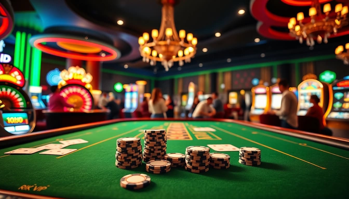 Experience the thrill of RIK VIP with luxurious gaming tables filled with poker chips and cards.