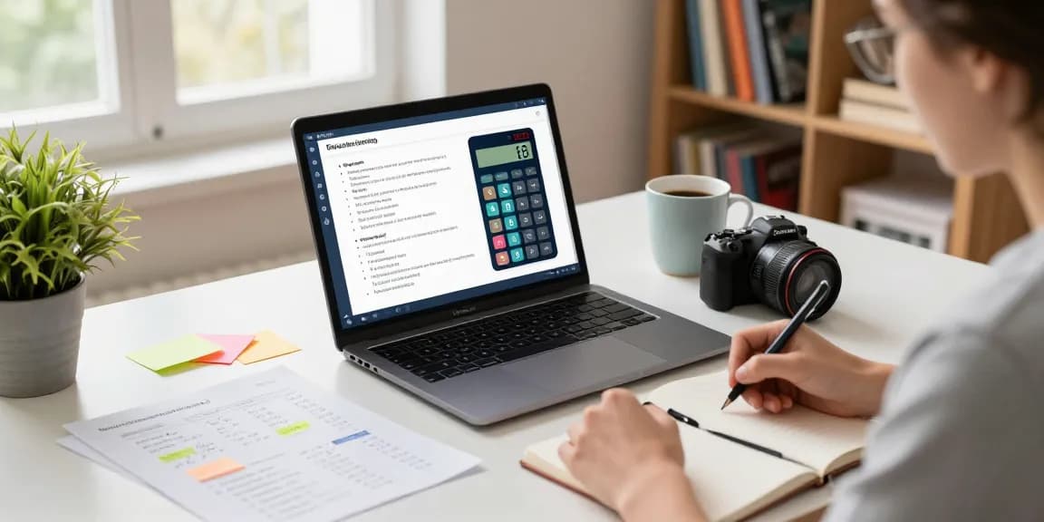 Calculadoras online grátis na tela do laptop enquanto usuário estuda em casa, decoração de ambiente com plantinhas e livros.