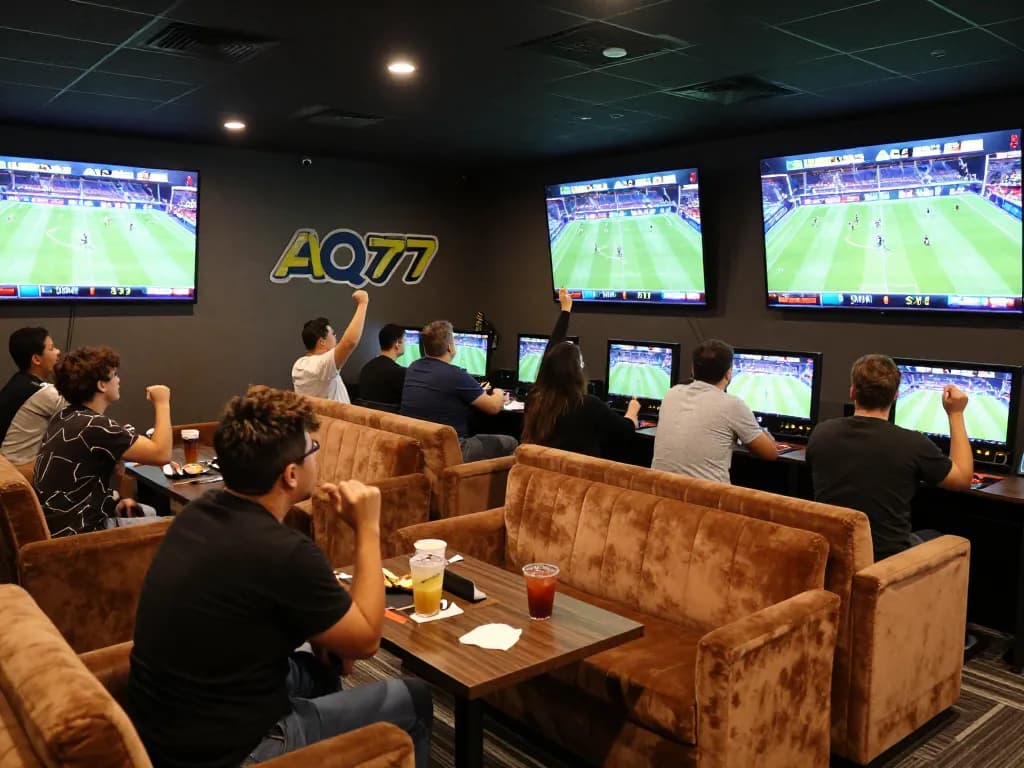 AQ777 oferece experiências dinâmicas de apostas esportivas em um lounge vibrante cheio de fãs empolgados.
