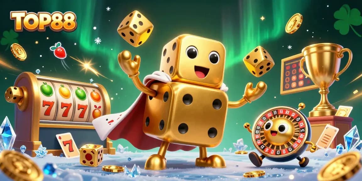Experience the exciting gaming world at TOP88 with vibrant slot reels and golden dice in action.
