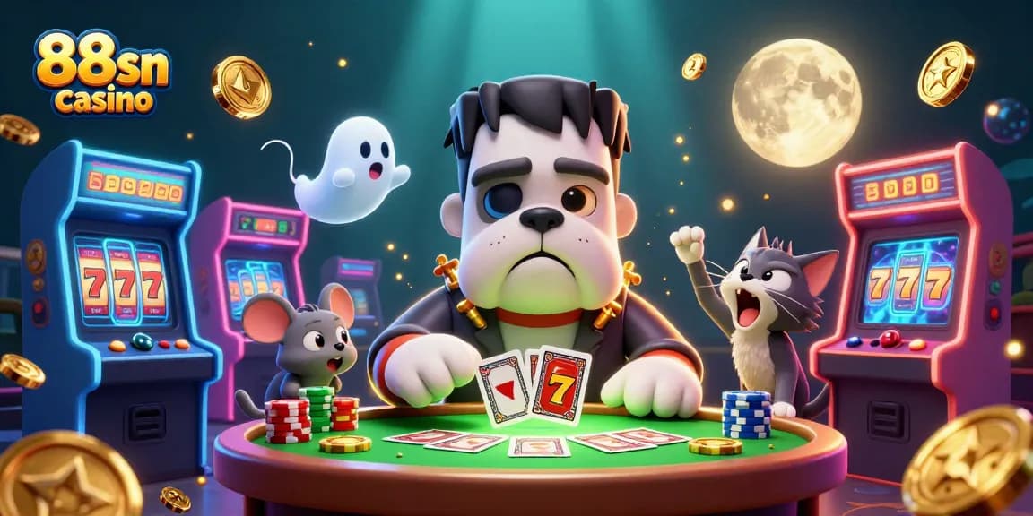 Experience thrilling action at 88sn casino with a fun 3D illustration featuring captivating characters and games.