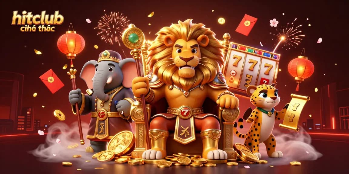 Experience the excitement of hitclub chính thức with a dynamic scene of a lion king, an elephant advisor, and a cheetah messenger amidst vibrant casino elements.