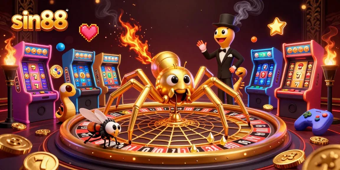 sin88 depicts a nervous fly placing bets while surrounded by colorful slot reels and a golden roulette wheel.