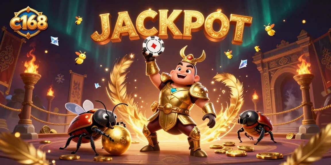 C168 casino beetles celebrating jackpot victory with dynamic elements in 3D illustration