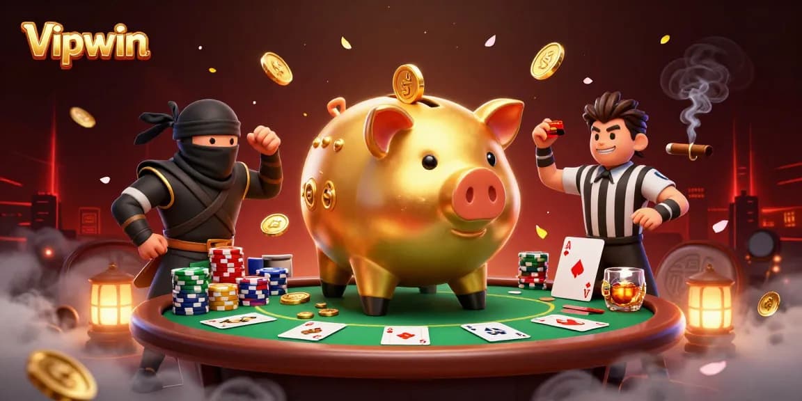 Experience the excitement of Vipwin with a dynamic scene of a sumo wrestler and ninja in a vibrant casino.