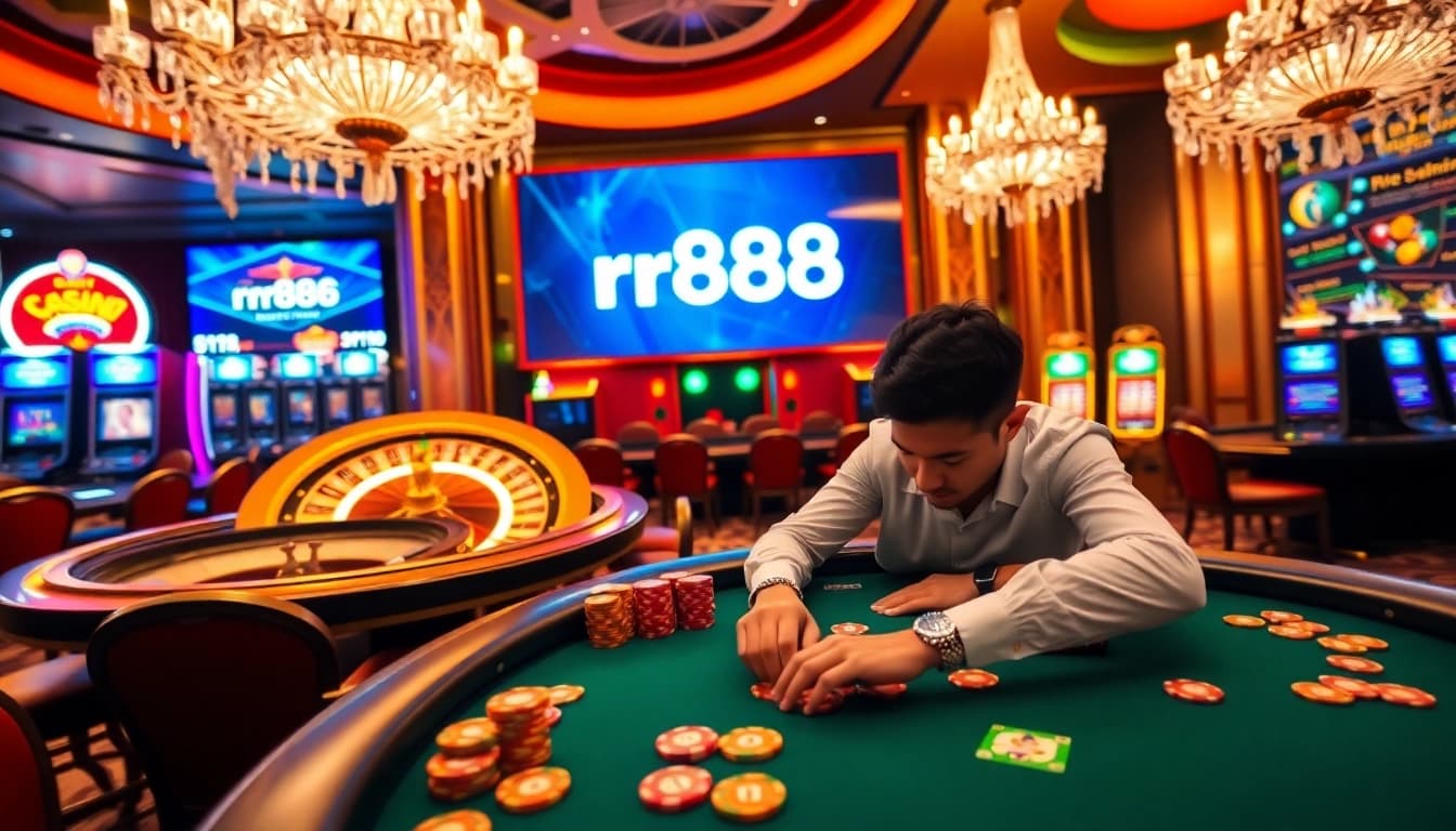 Engaged players at a casino table celebrating a winning moment, featuring rr888 gaming excitement.