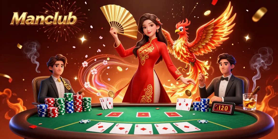 Join the exciting game action at Manclub with poker tables and vibrant casino elements