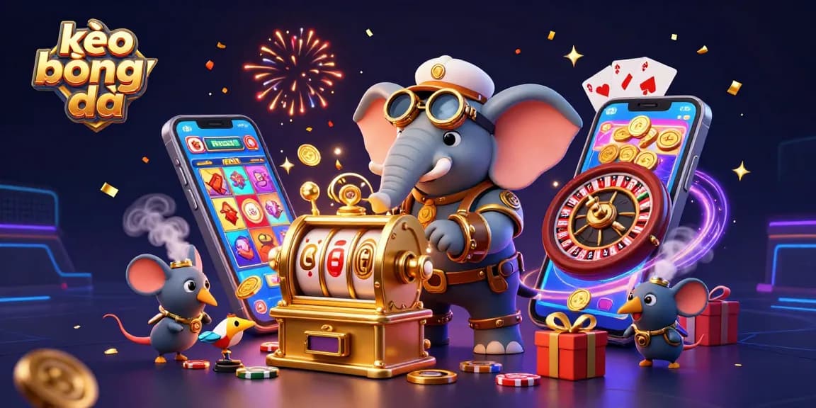 Engage with kèo bóng đá through this energetic scene of a steampunk elephant and gaming elements.
