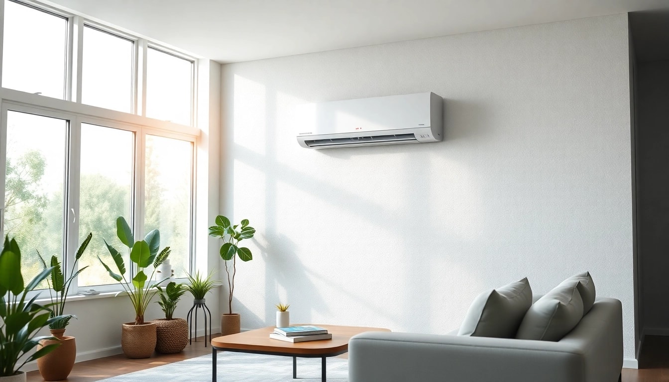 Install a mitsubishi mini split ac system in a modern living room with sleek decor.