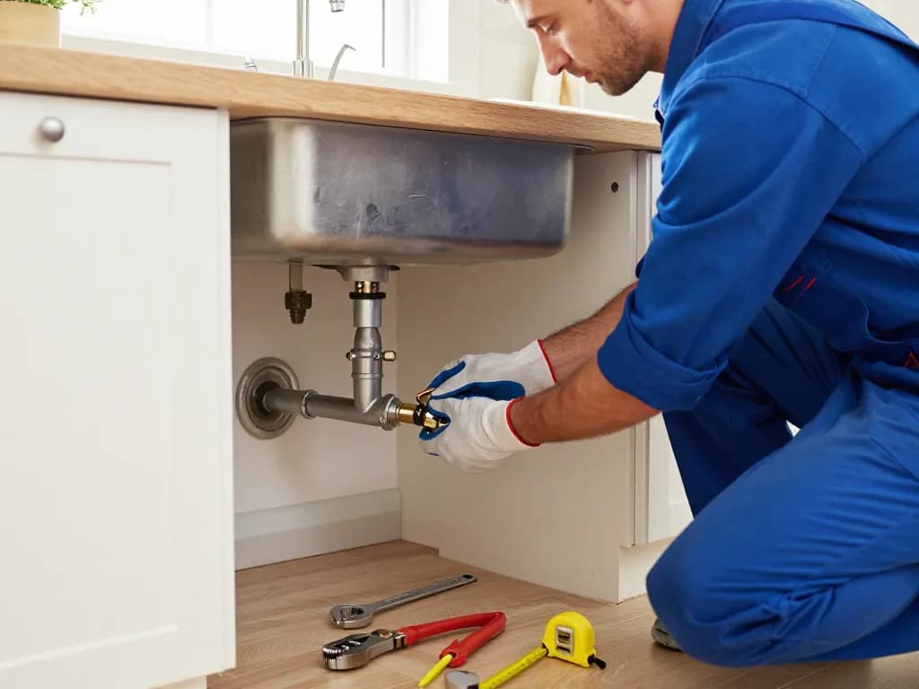 Professional plumber working on PEX plumbing in a modern kitchen, ensuring quality service as an Encanador em São Paulo.