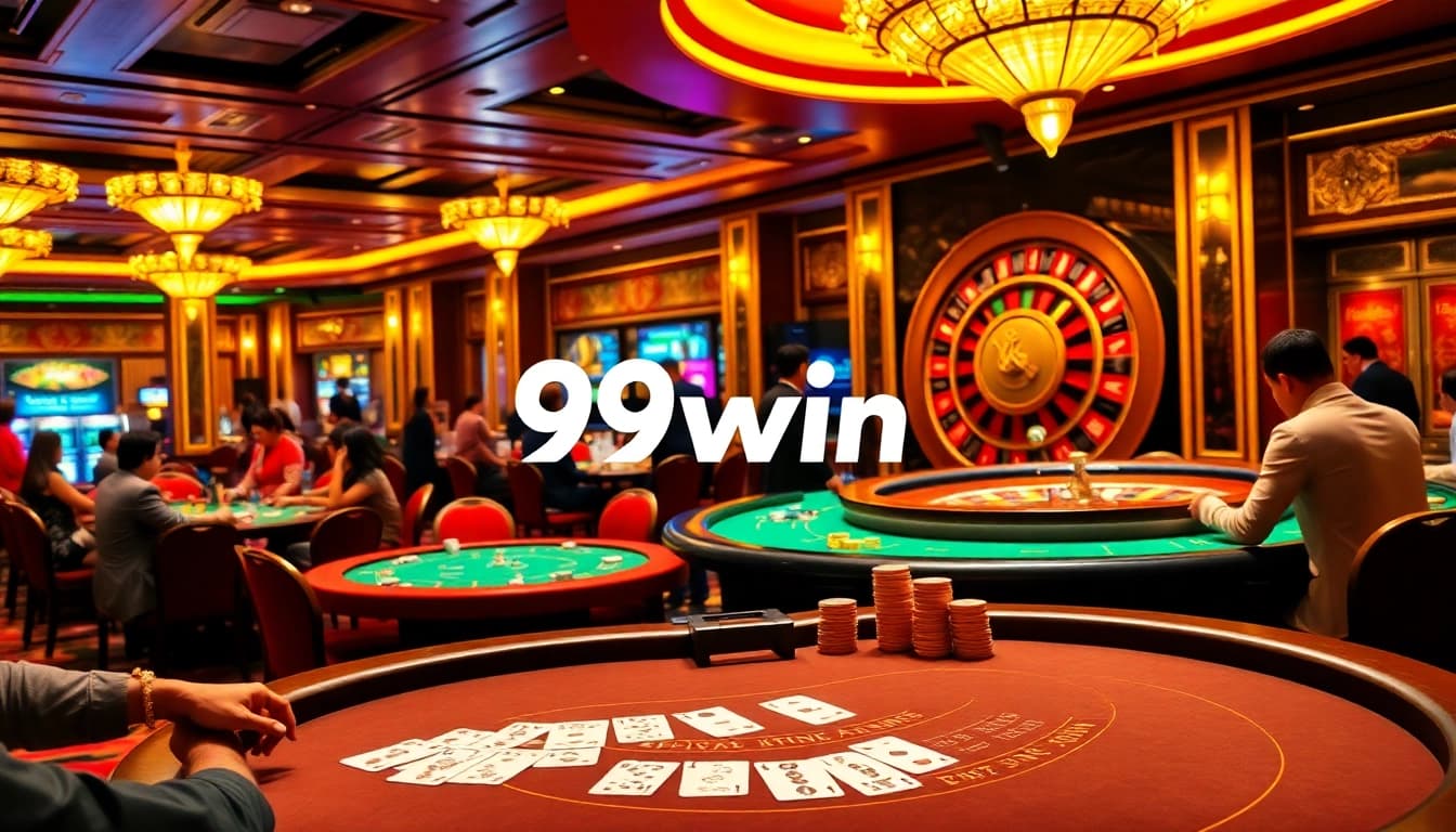 Experience the excitement of blackjack at 98win with vibrant gambling scene and elegant casino decor.