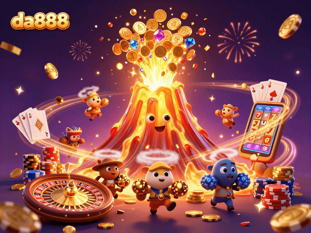 Experience the thrill of winning at da888 with vibrant casino elements and treasures erupting.