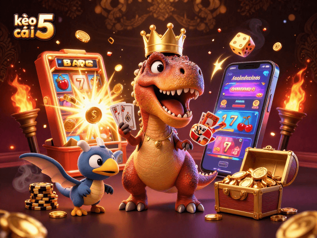 Engaging kèo nhà cái 5 scene with cartoon T-Rex shuffling cards and vibrant casino elements.