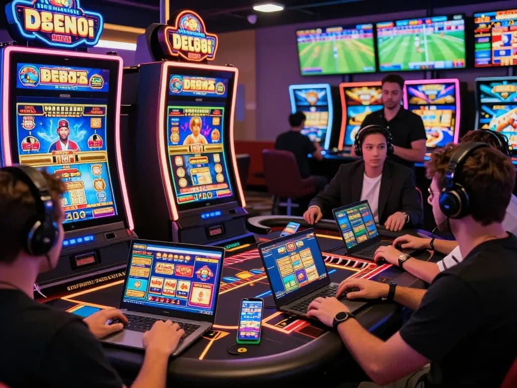 TG88 online gaming platform with players interacting with colorful slot machines and casino games, showcasing a vibrant gaming atmosphere.