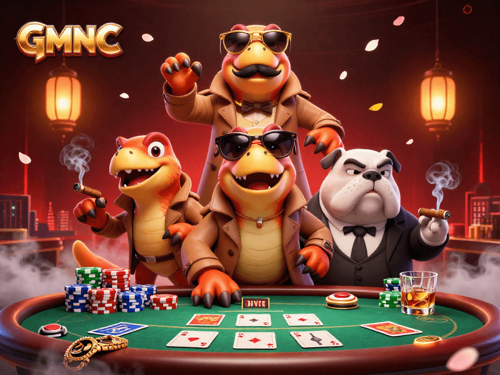 GMNC invites you in with thrilling poker action featuring cartoon raptors attempting to access a VIP casino area.