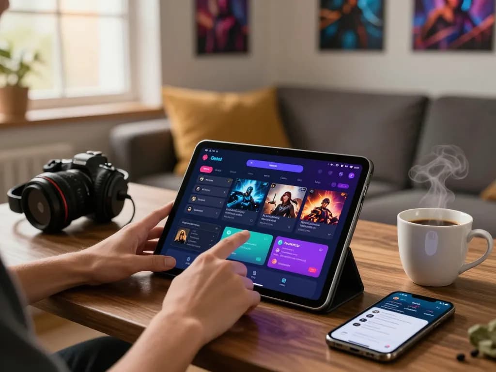Engaging scene showcasing a user navigating the Onbet app on a tablet in a cozy living room, emphasizing online gaming excitement.