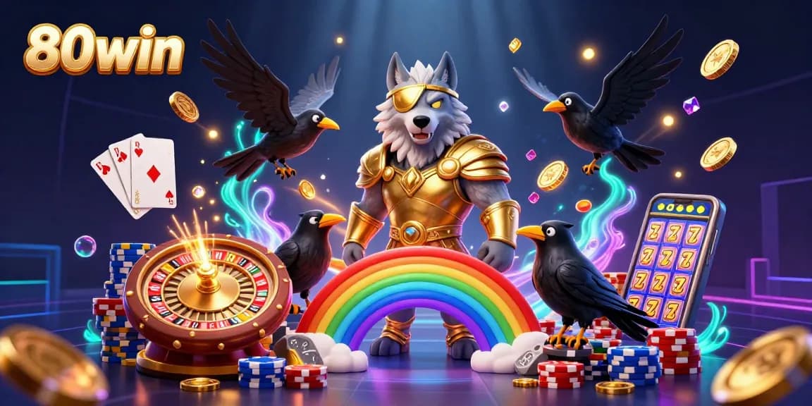Engage with 80win's exciting gaming universe featuring Odin and his ravens amidst vibrant casino elements.