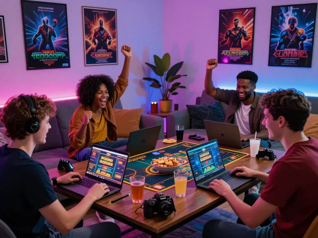 Engaging online gaming scene with friends enjoying 8kbet casino games.