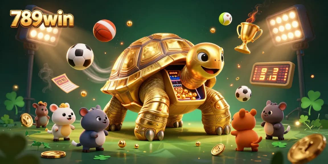 Engage with the thrilling world of 789win, featuring a golden tortoise pinball machine and dynamic sports betting elements.