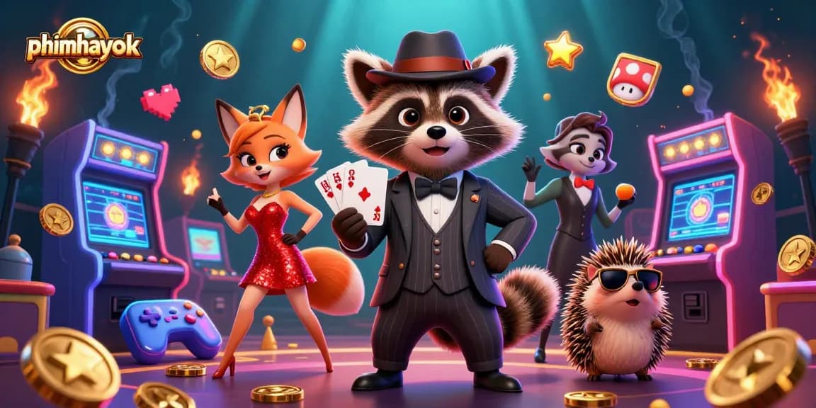 phimhayok showcases a raccoon holding a royal flush surrounded by vibrant casino elements.