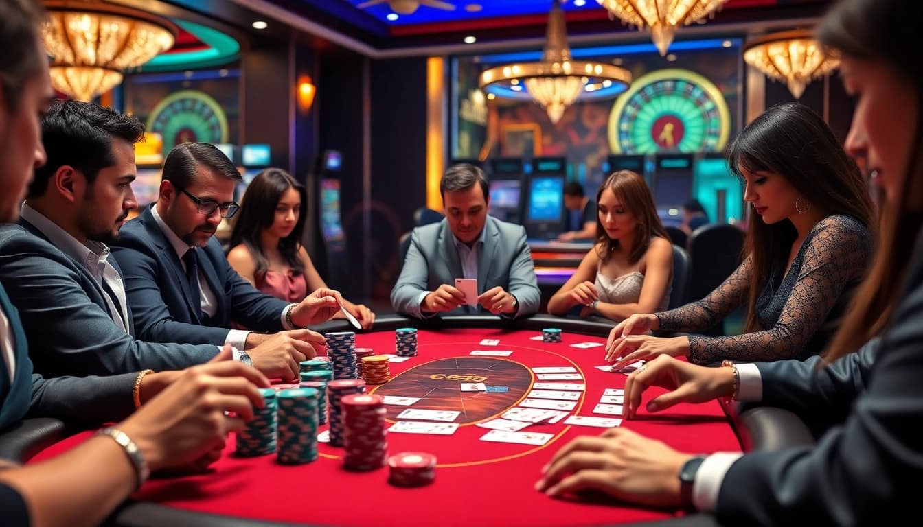 Players strategize at a luxury poker table in a vibrant setting inspired by win88cc.net.