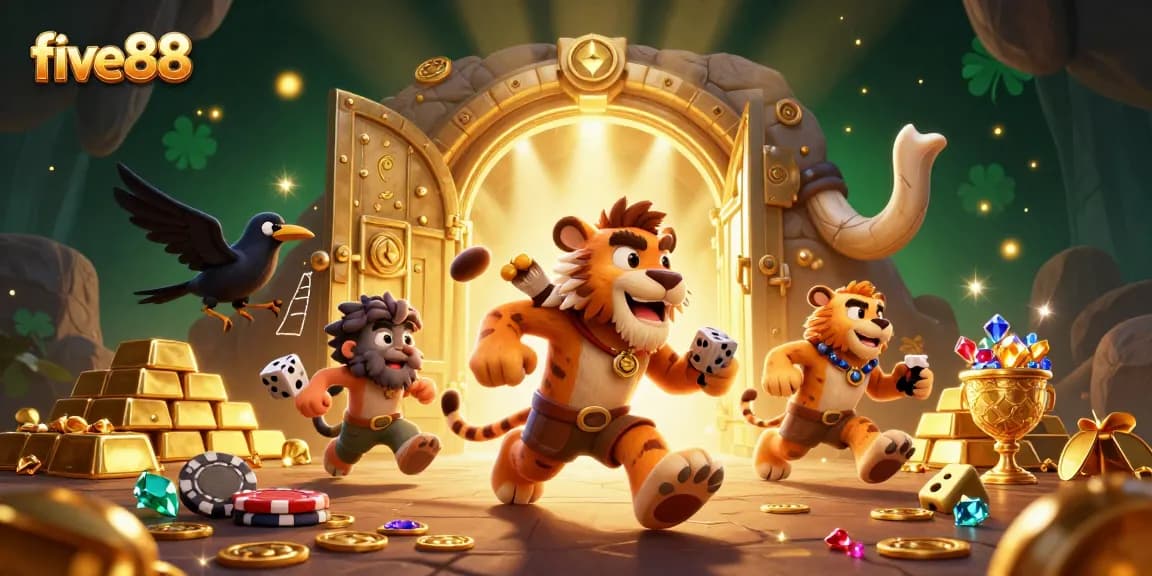 Engage in the excitement of five88 with a 3D cartoon casino scene featuring a sabertooth tiger and a clever crow.