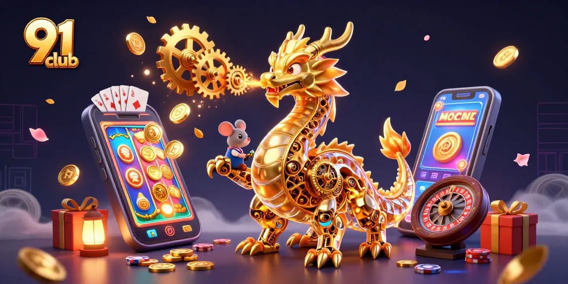 Experience the excitement of 91 club with a golden dragon and thrilling casino games in a dynamic 3D scene.