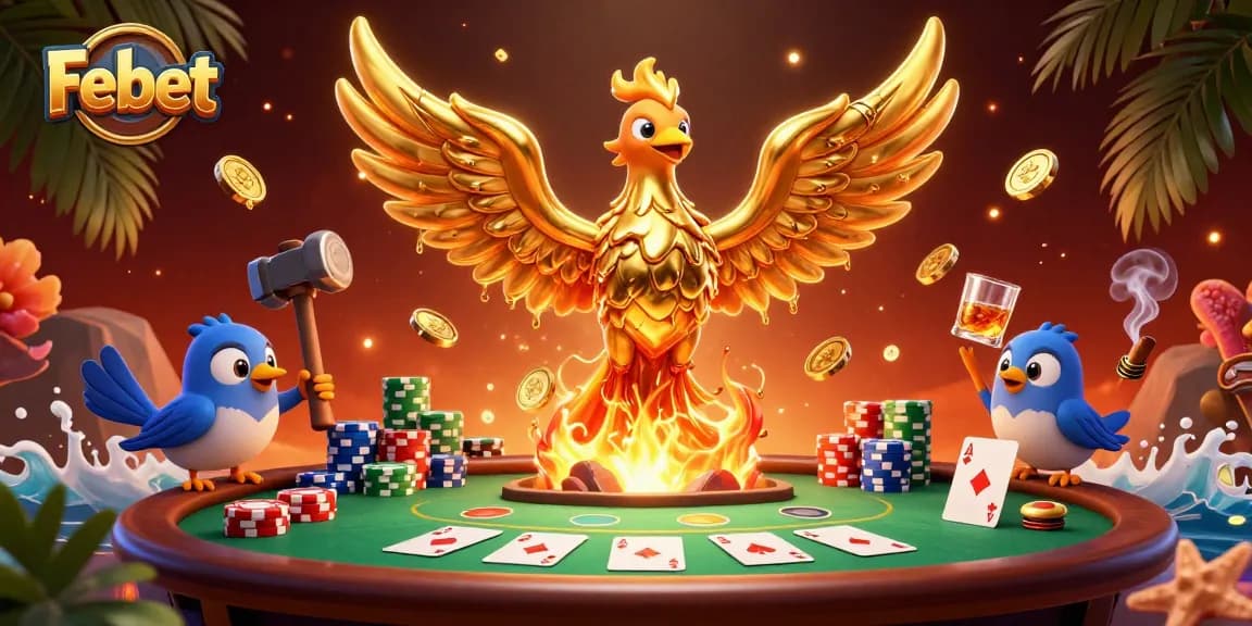Win big at Febet with a vibrant casino scene featuring a golden phoenix and poker elements.