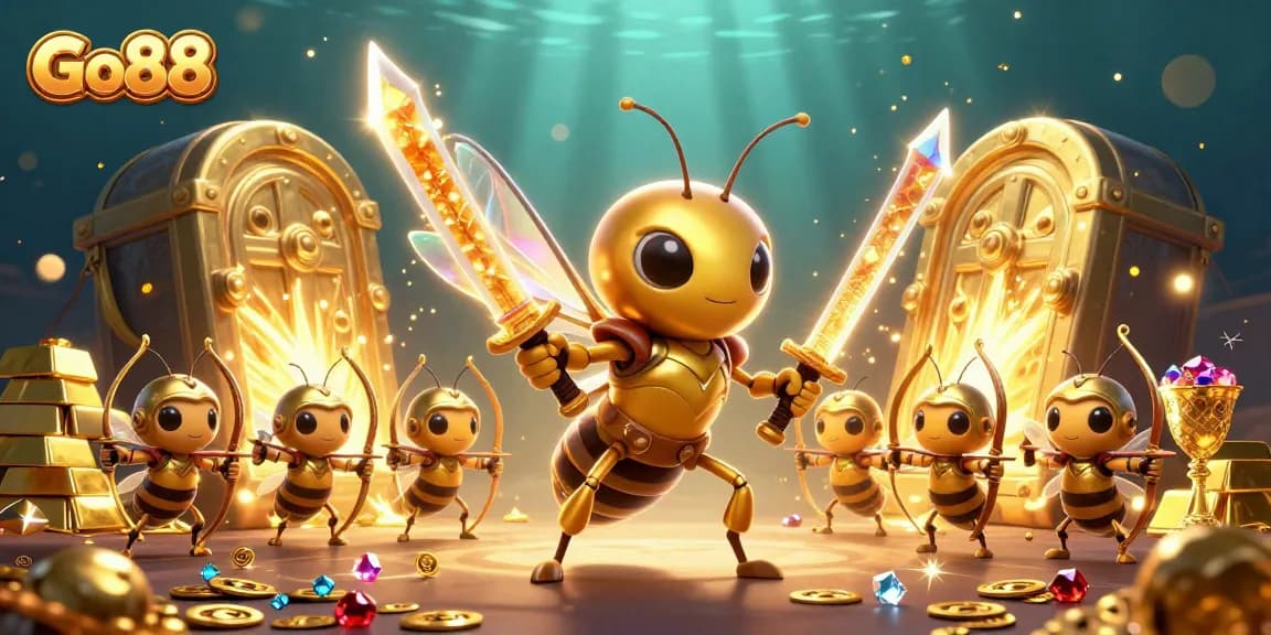 Experience the excitement of Go88 with giant hornet warriors and treasures in a vibrant casino scene.