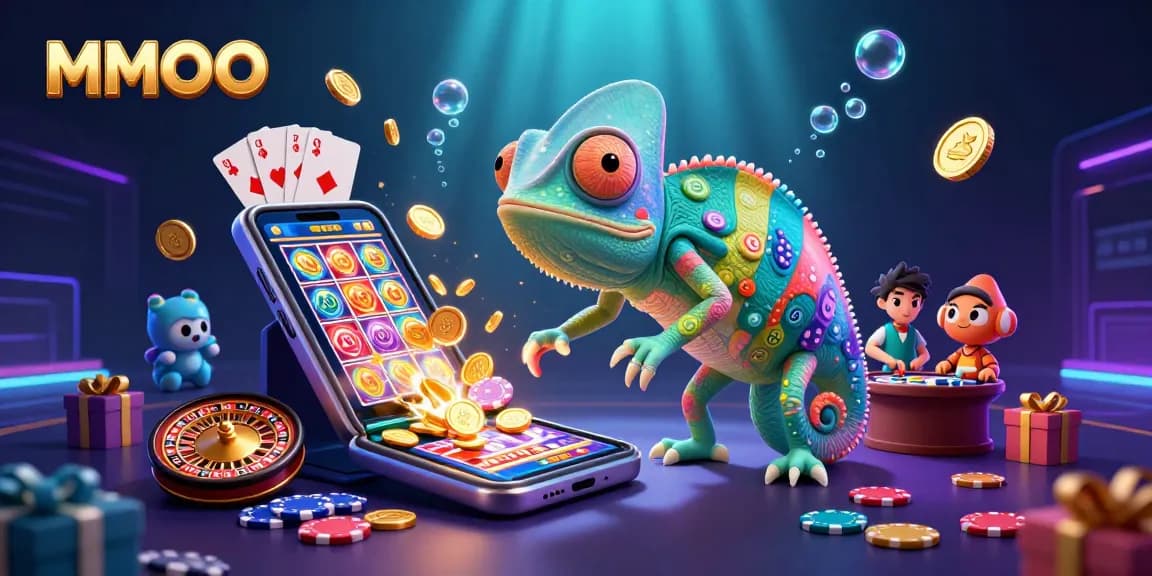 Experience the thrill of MMOO with a vibrant 3D casino scene featuring a chameleon owner and dynamic gaming elements.