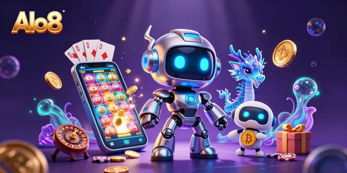 Alo8 captivates with thrilling slots and gaming elements in an immersive 3D illustration.