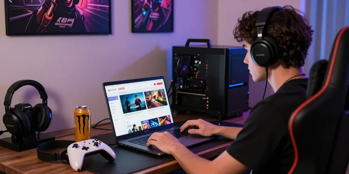 Engaged user exploring rokok88 online gaming portal at home with gaming accessories.
