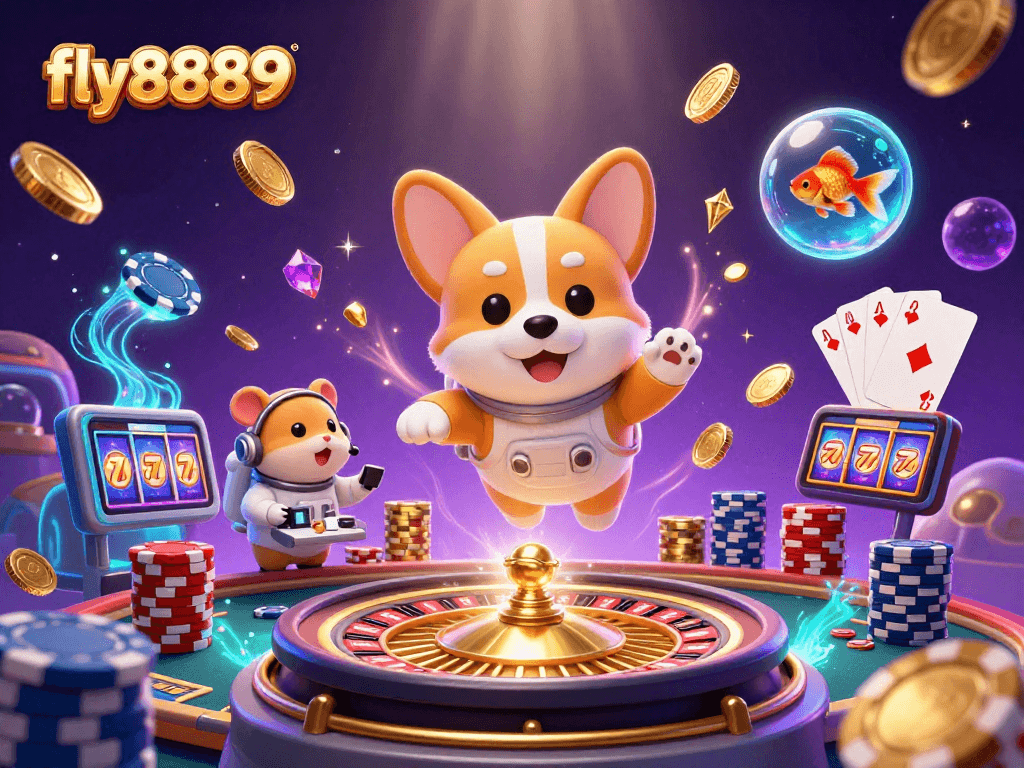 Experience the excitement of fly8889 with a 3D animated casino scene featuring floating corgi astronauts and vibrant casino elements.