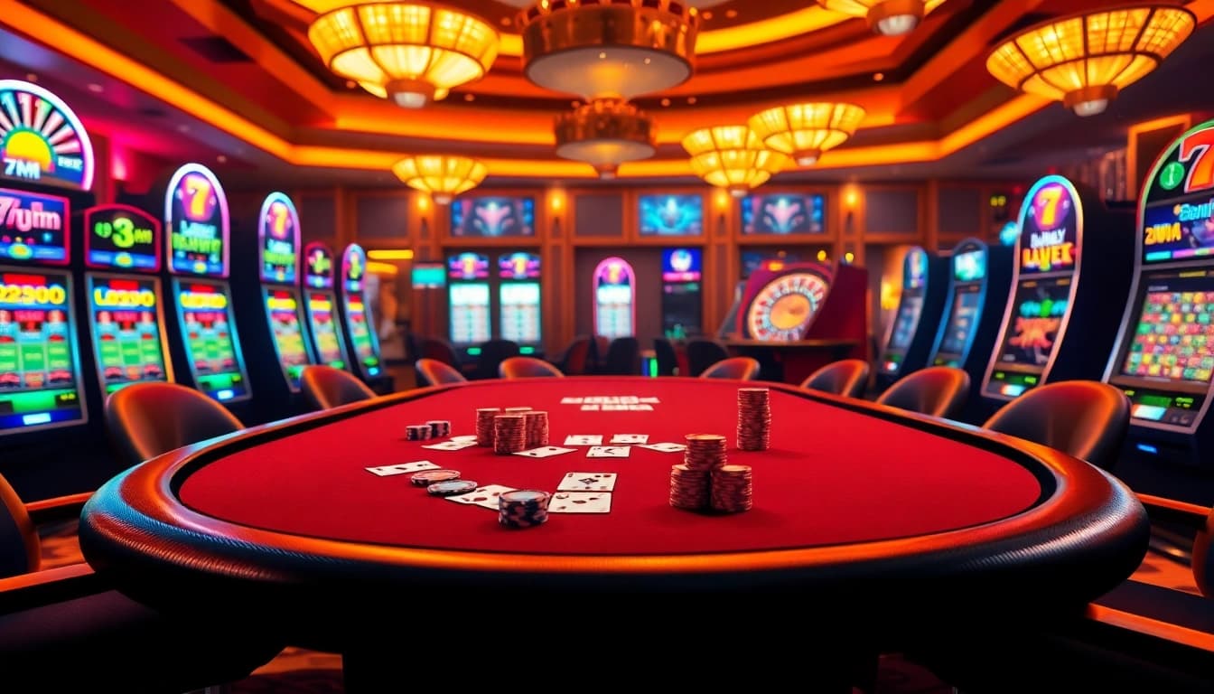 Engage in thrilling casino action with 7m poker chips and vibrant slot machines in a luxurious setting.