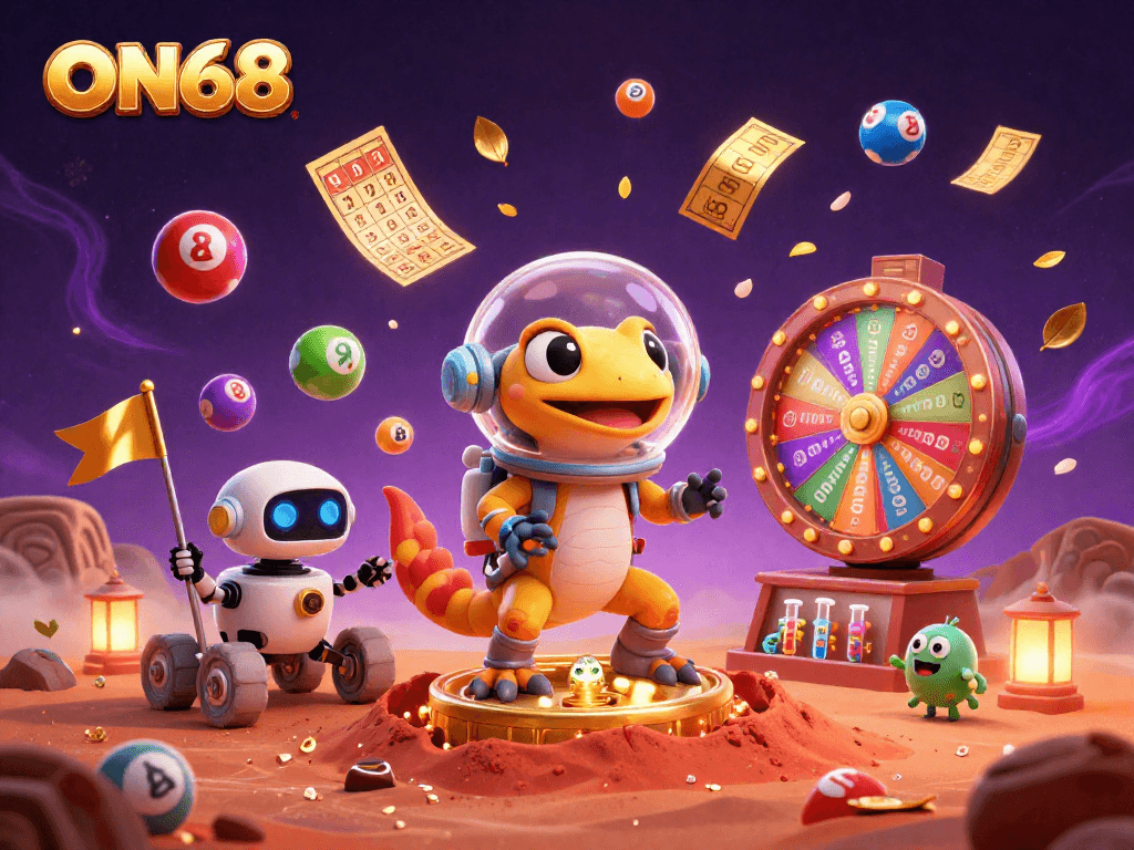 Experience thrilling wins at ON68 with vibrant lottery balls and a charming Martian gecko discovering a golden casino.