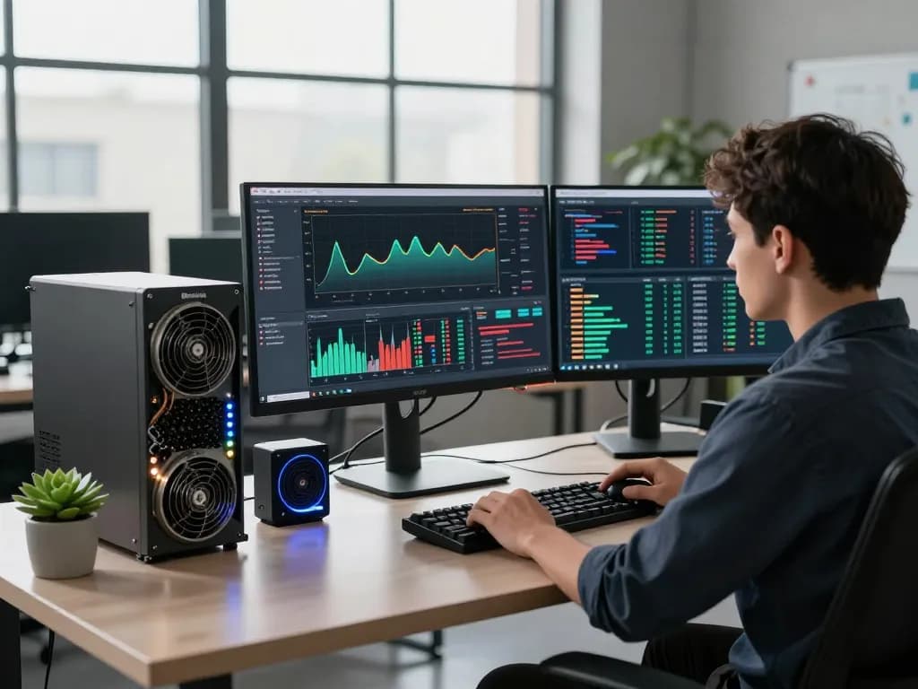 Analista de dados monitorando métricas de criptomoedas em https://vnish.net.br/ em um espaço de trabalho moderno de tecnologia.
