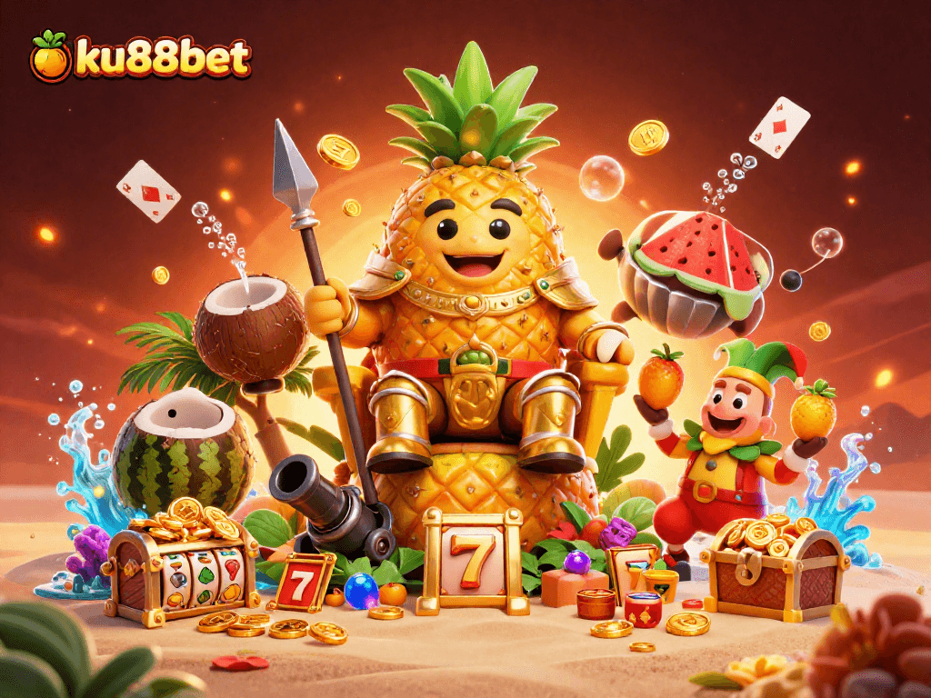 Engage with the exciting atmosphere of ku88bet illustrated in a vibrant 3D cartoon casino scene.