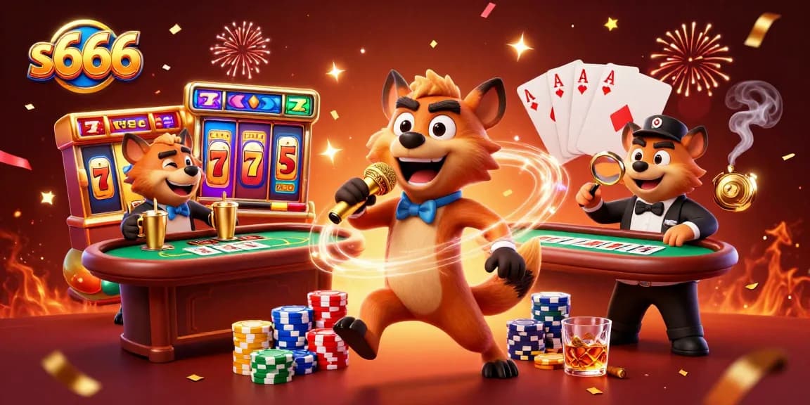 S666 casino scene featuring laughing hyenas as a performer, bartender, and bouncer bringing excitement.