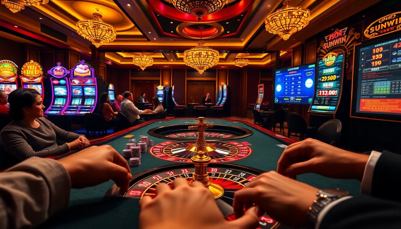 Experience the thrill of sunwin with players at a vibrant poker table and roulette wheel.