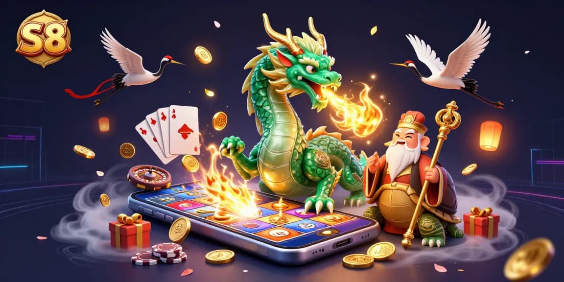 S8 casino experience shows a jade dragon, turtle sage, and lucky cranes amidst vibrant 3D slots and poker elements.