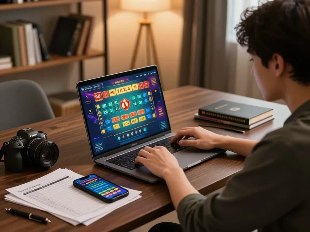 Engaged player using taixiuonlinego app on laptop for strategic Tài Xỉu gameplay with thoughtful atmosphere.