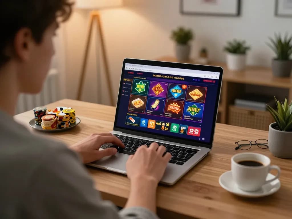 Engaging player using 45678 com for online casino gaming at home, showcasing vibrant game interface.