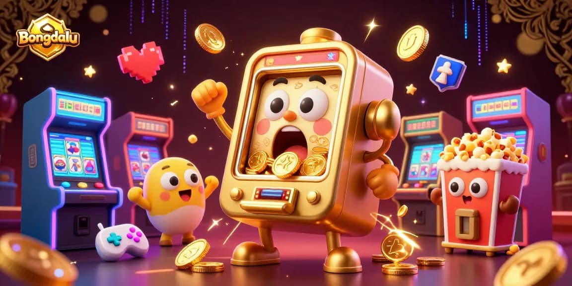 Bongdalu's golden slot machine celebrates a jackpot amidst cheerful companions and gaming elements.