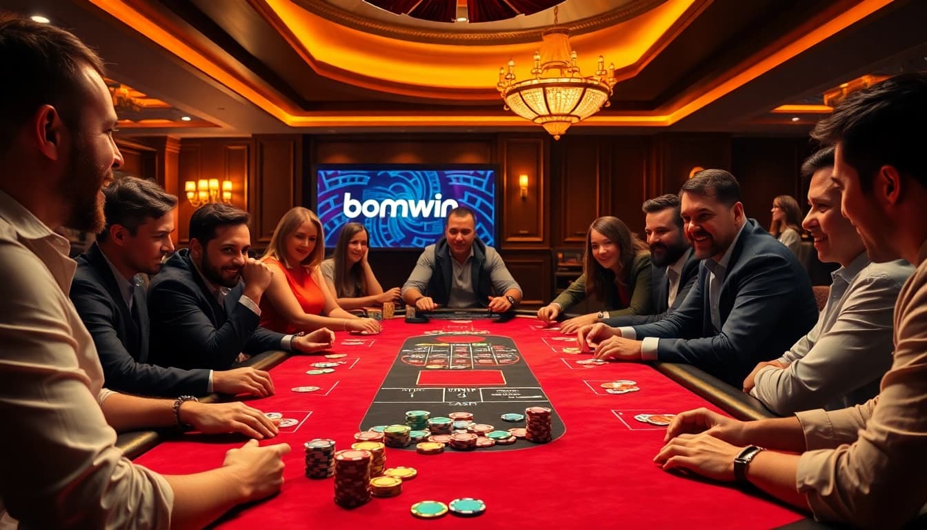 Experience the thrill of bomwin gaming at a luxurious casino table with vibrant chips and cards.