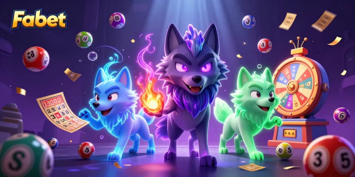 Play thrilling games with Fabet in this vibrant 3D casino illustration with glowing wolves and dynamic prizes.